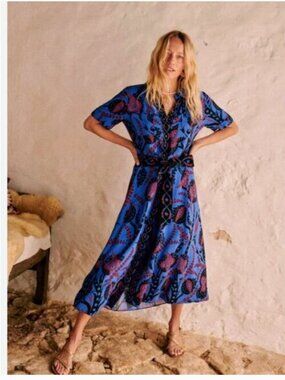 Sezane Blue Floral Print Tie-Waist Maxi Dress